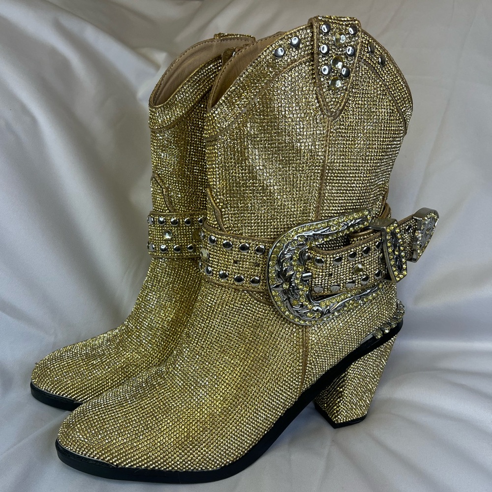 Gold Heeled Boots with Sparkly Detailing